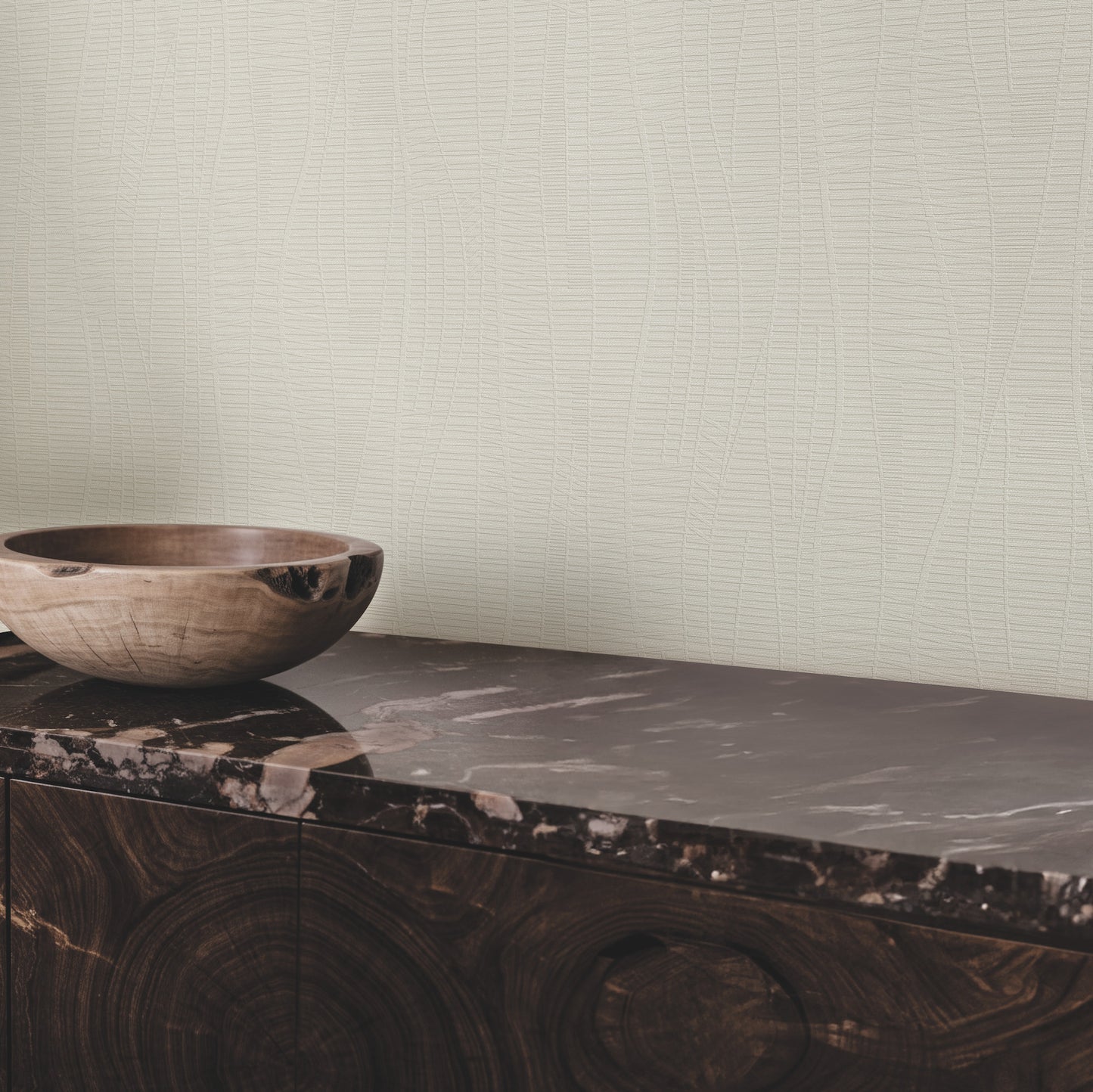 Room featuring grey embossed wallpaper with a subtle graphic pattern.