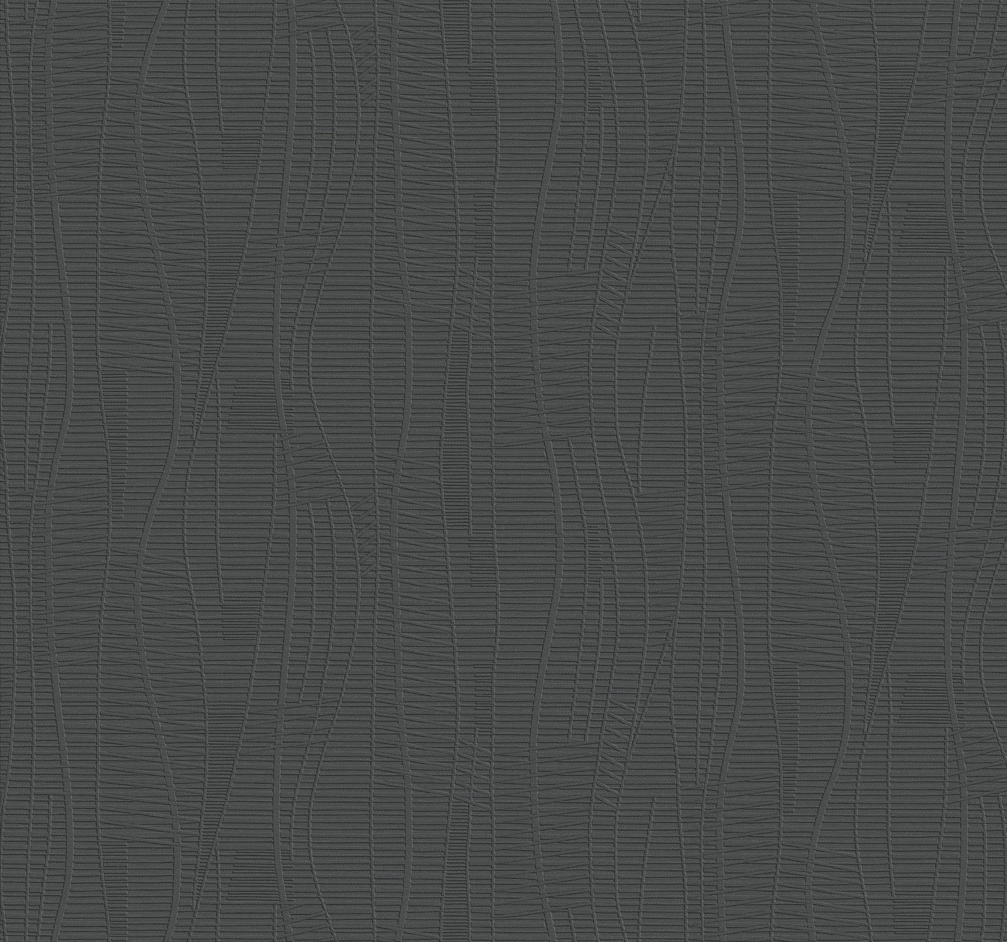 Black embossed wallpaper with a faux leather texture, featuring curved lines and a subtle crosshatch pattern.