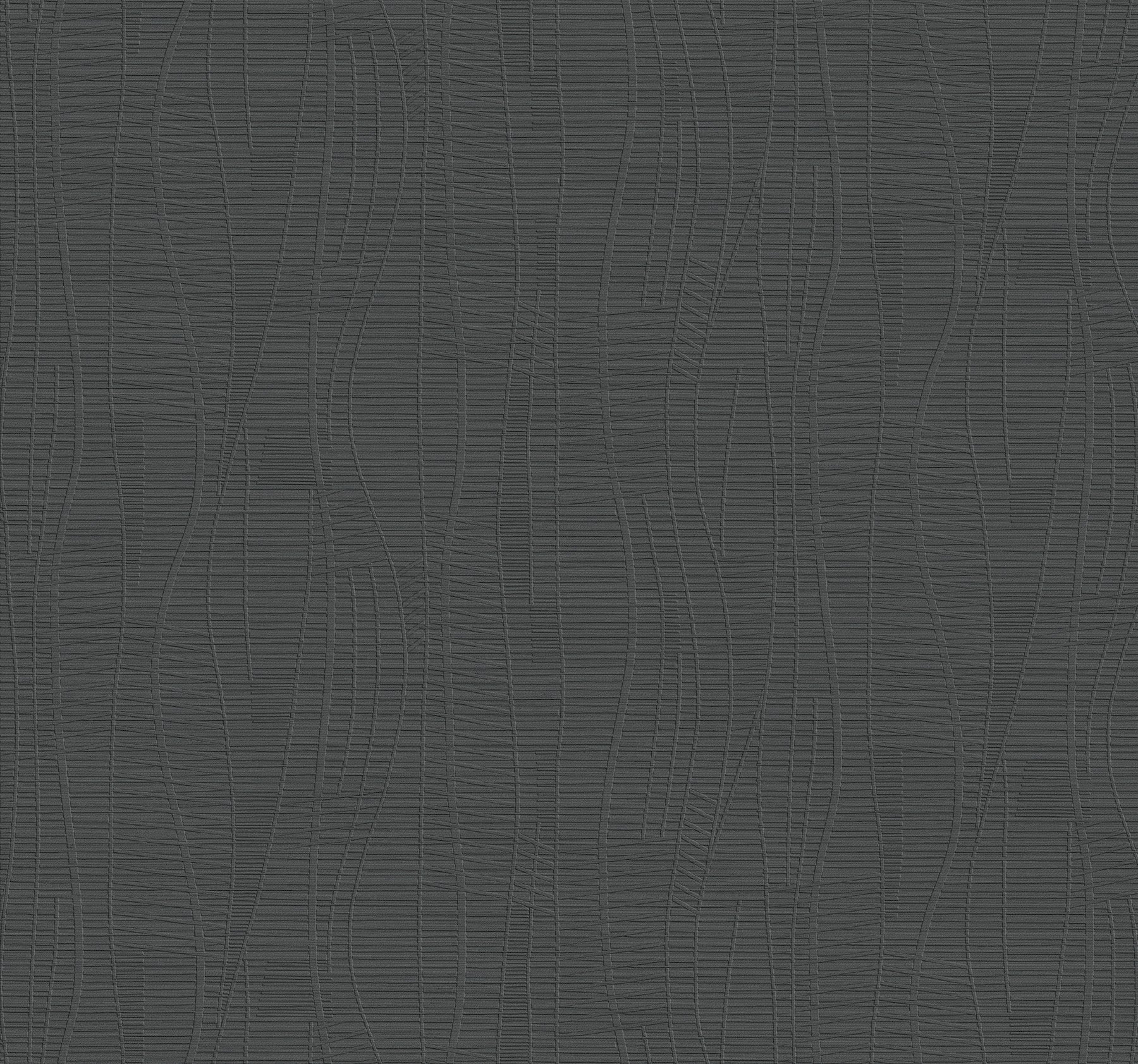 Black embossed wallpaper with a faux leather texture, featuring curved lines and a subtle crosshatch pattern.