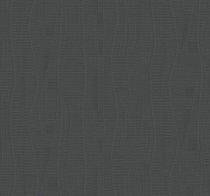 Black embossed wallpaper with a faux leather texture, featuring curved lines and a subtle crosshatch pattern.