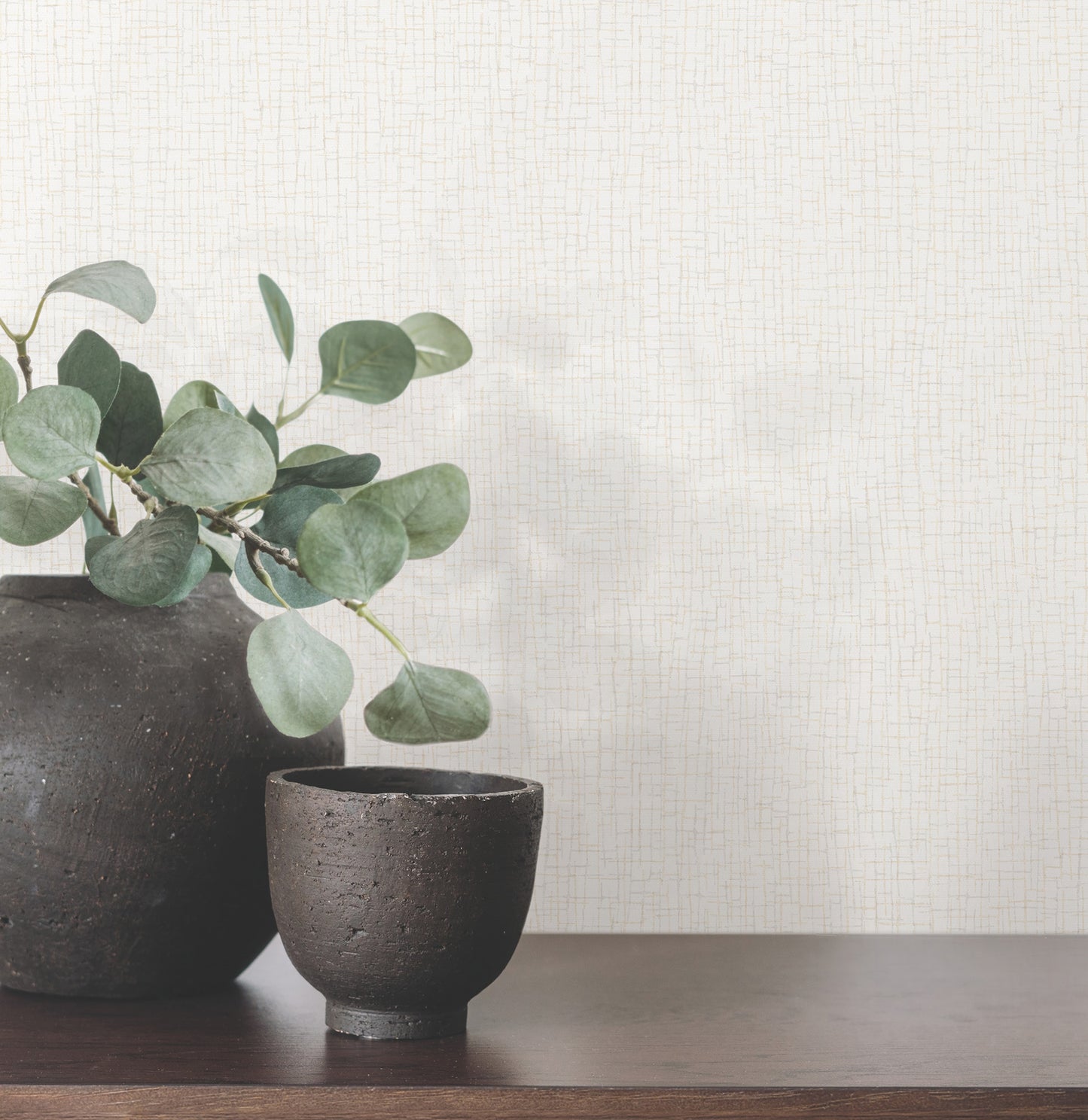 Two dark ceramic pots with eucalyptus stems on a dark wood surface against a neutral textured wall.