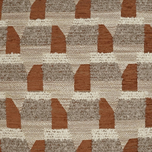 Textured geometric rug fabric with tan, taupe and brown stepped arches in a repeating tufted pattern.