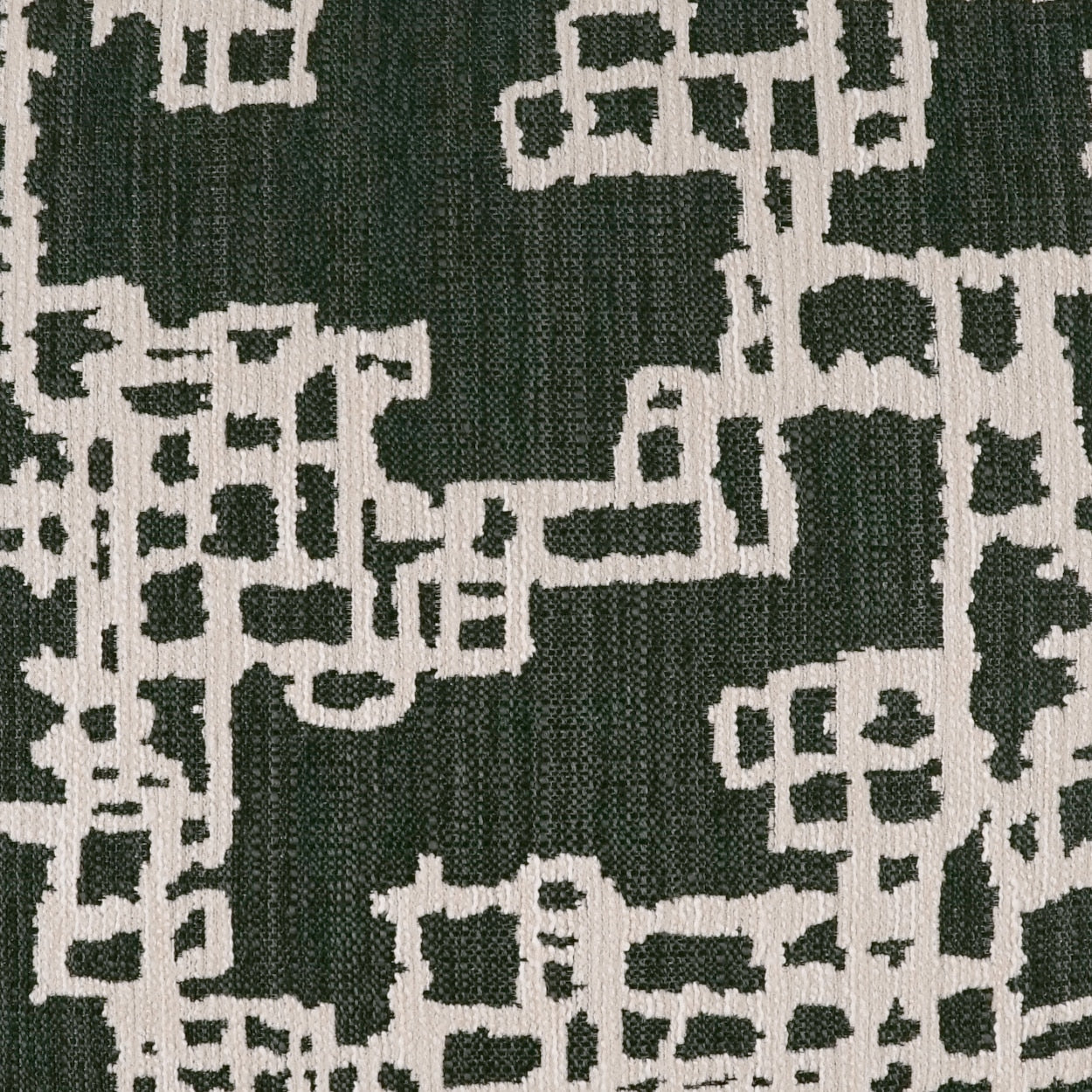 Dark green fabric with cream geometric lattice pattern; modern textile for upholstery or curtains.
