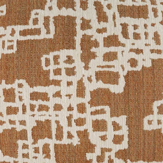 Brown textured fabric with a cream geometric block pattern, modern upholstery textile.