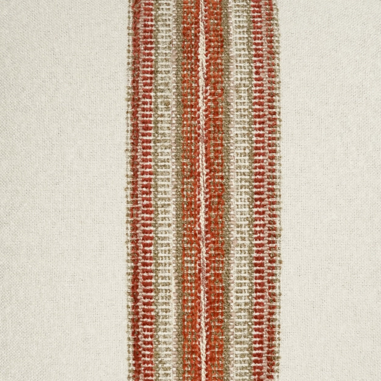 Cream woven fabric with narrow rust-red and beige vertical stripes.
