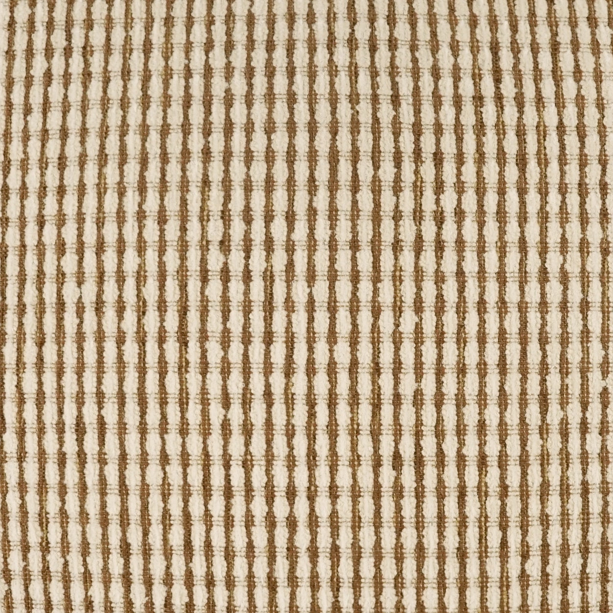 Beige textile with narrow brown pinstripes, woven upholstery fabric suitable for sofas & drapes.