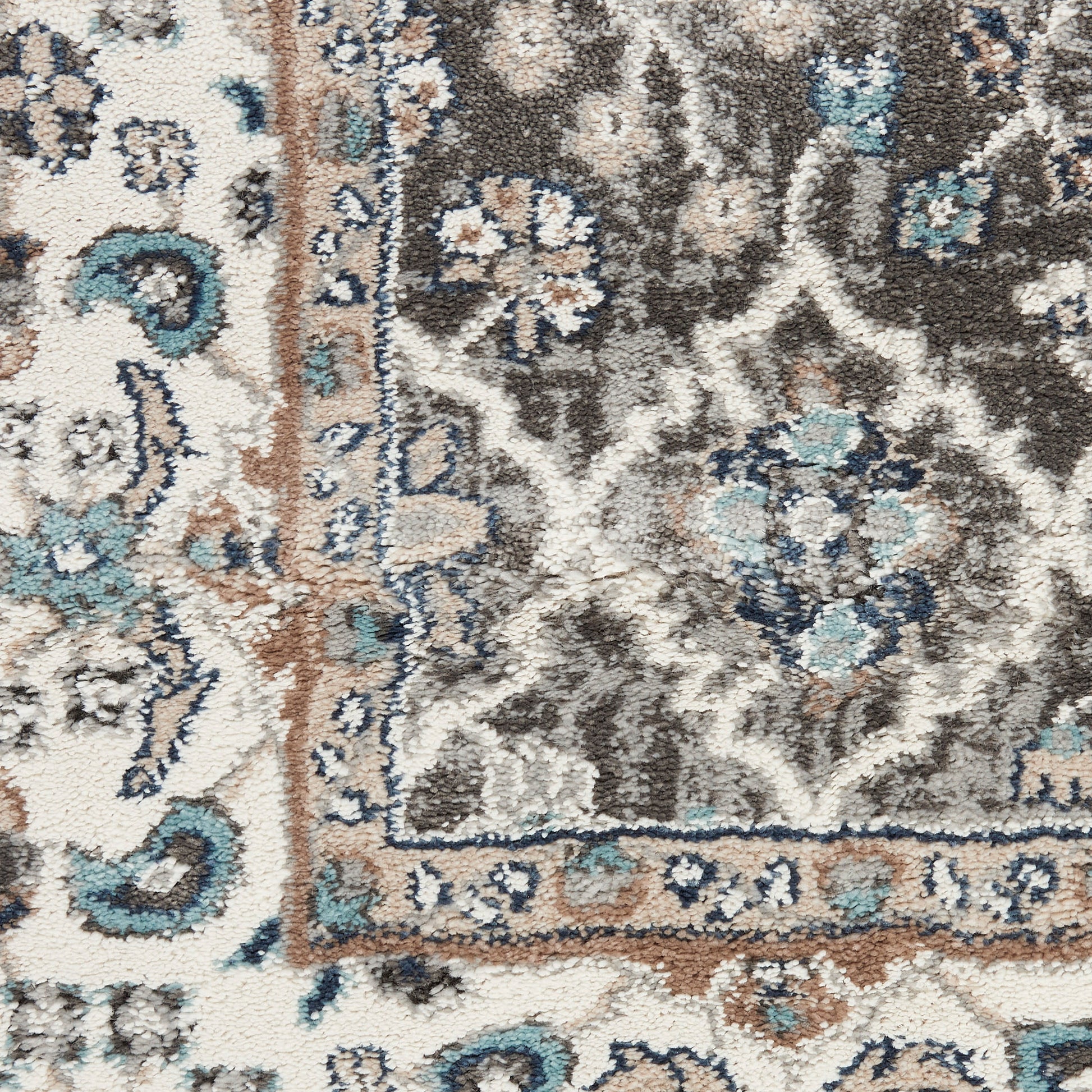 Persian-inspired area rug with blue, beige, brown & gray floral motifs and decorative border.