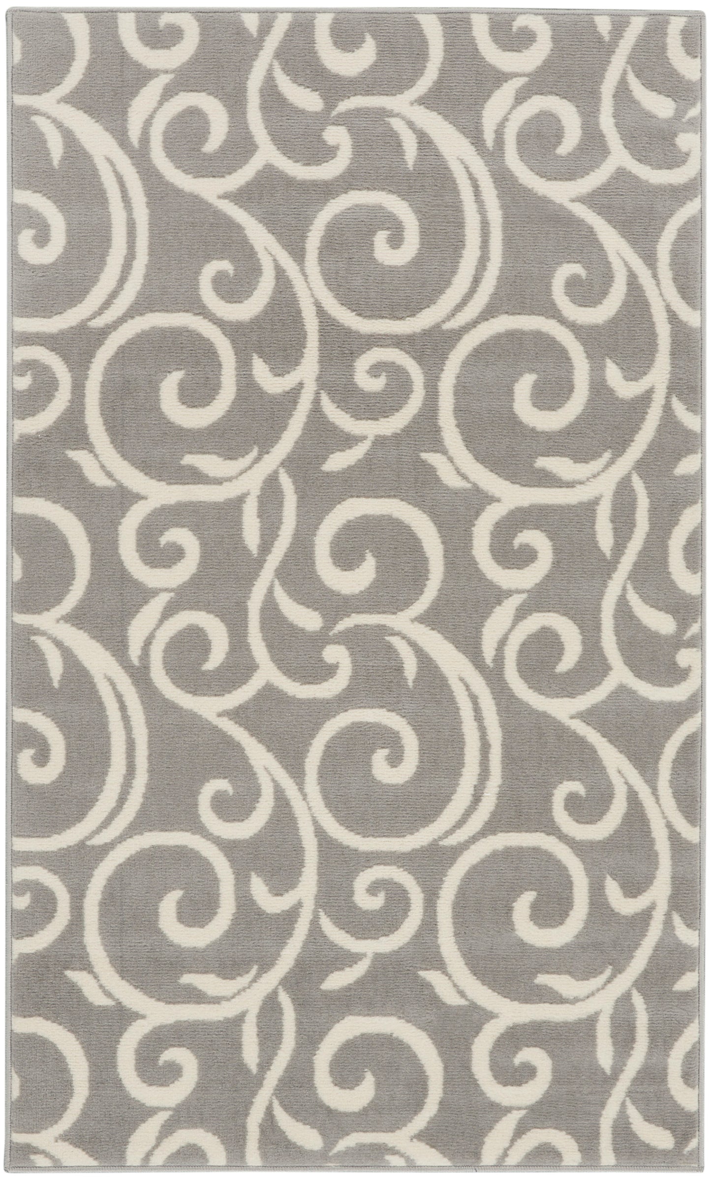 Gray rectangular rug with white scrolling motif, plush texture.