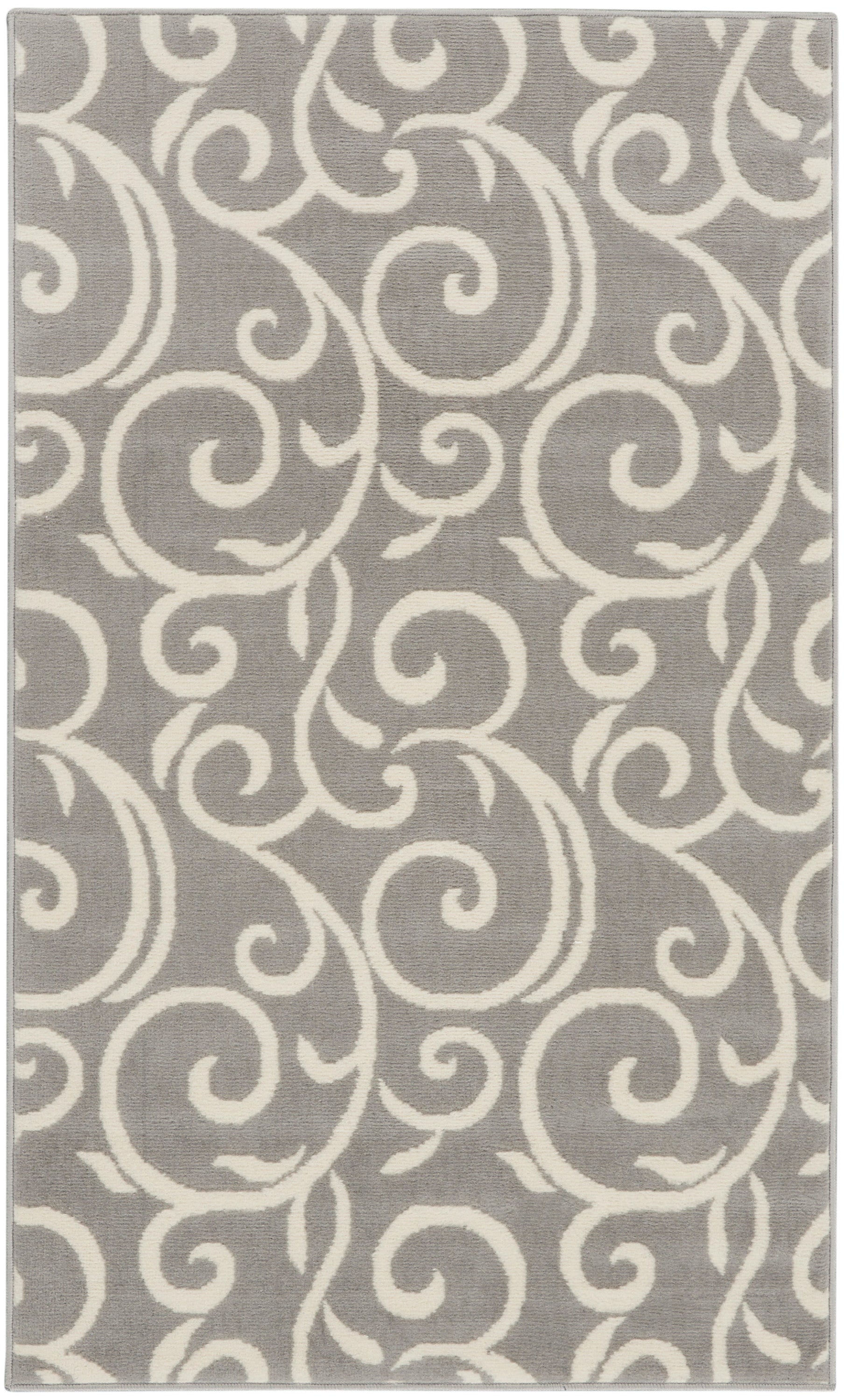 Gray rectangular rug with white scrolling motif, plush texture.