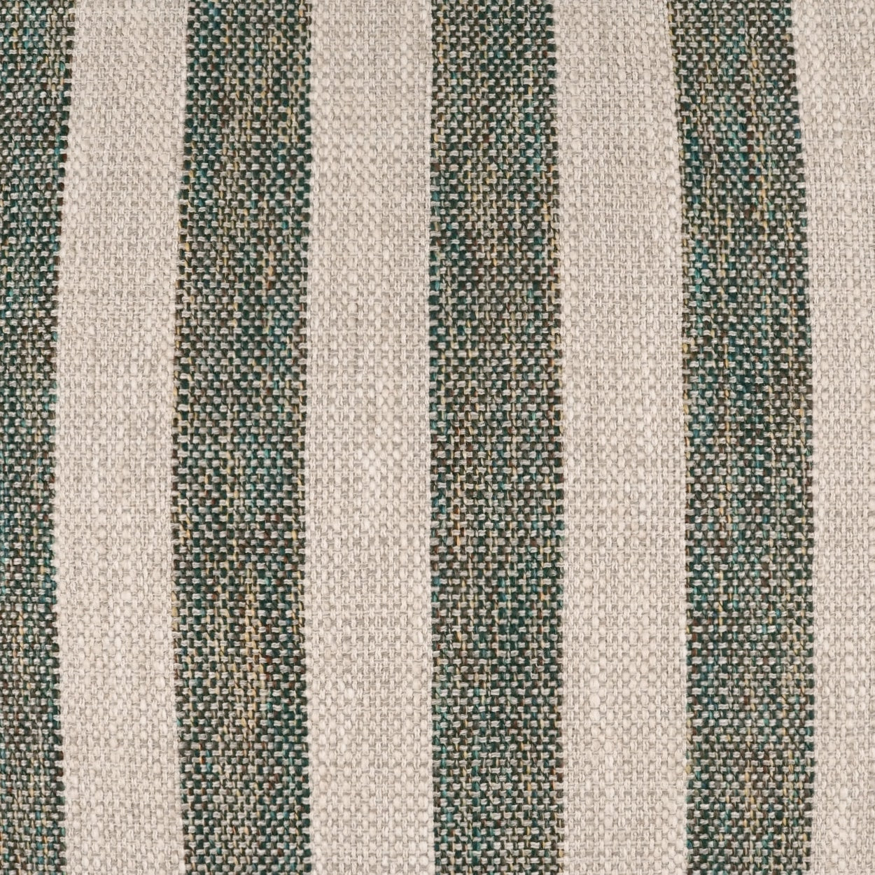 Coarse woven fabric with beige base and teal-green vertical stripes, tweed-like textured textile.