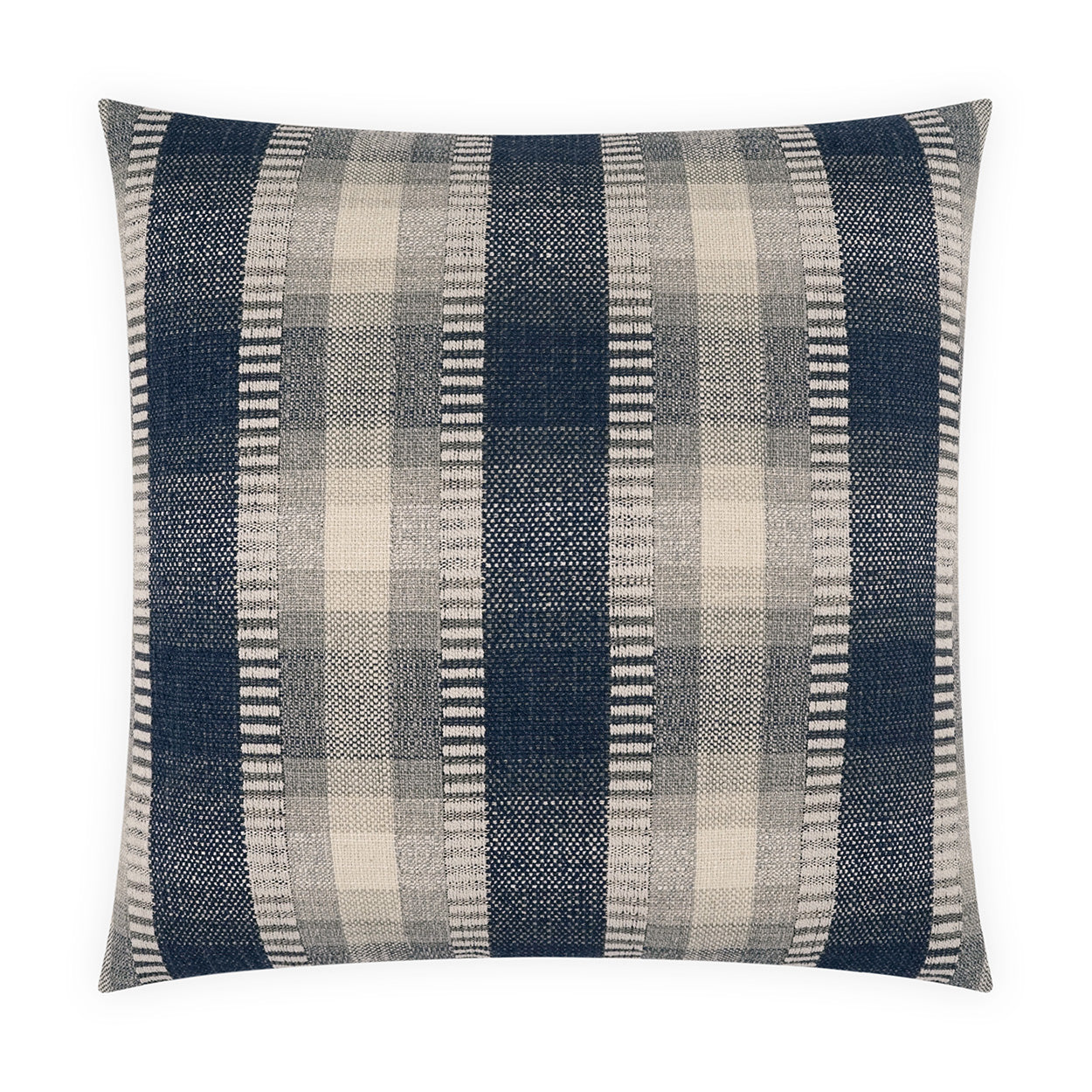 Square plaid pillow in navy blue, beige and gray with a textured woven check pattern.