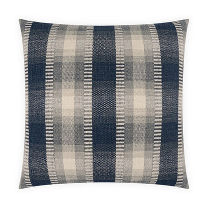Square plaid pillow in navy blue, beige and gray with a textured woven check pattern.