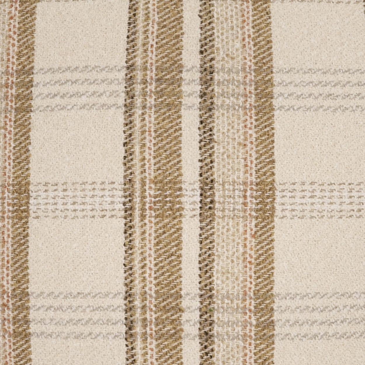 Beige woven fabric with tan & brown plaid stripes, textured textile suitable for upholstery or throws.