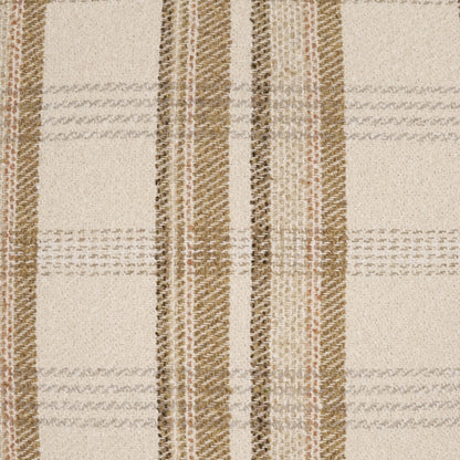 Beige woven fabric with tan & brown plaid stripes, textured textile suitable for upholstery or throws.
