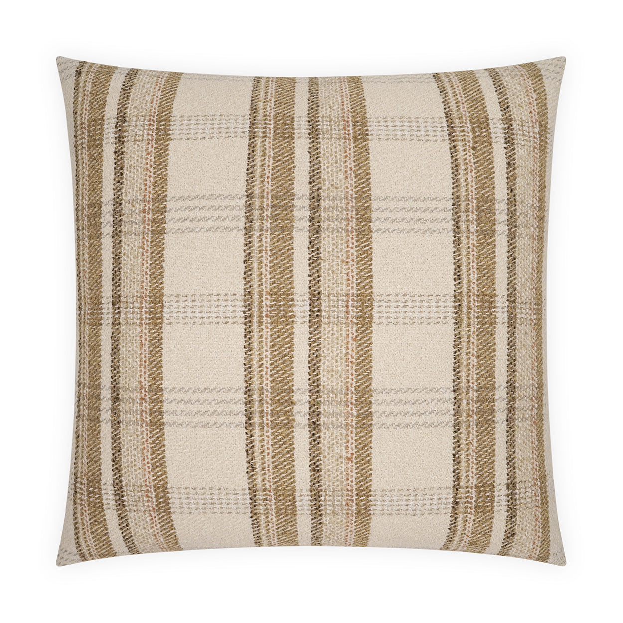 Square beige plaid throw pillow with tan and brown stripes, woven fabric cushion for sofa or bed.