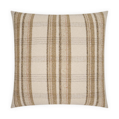 Square beige plaid throw pillow with tan and brown stripes, woven fabric cushion for sofa or bed.