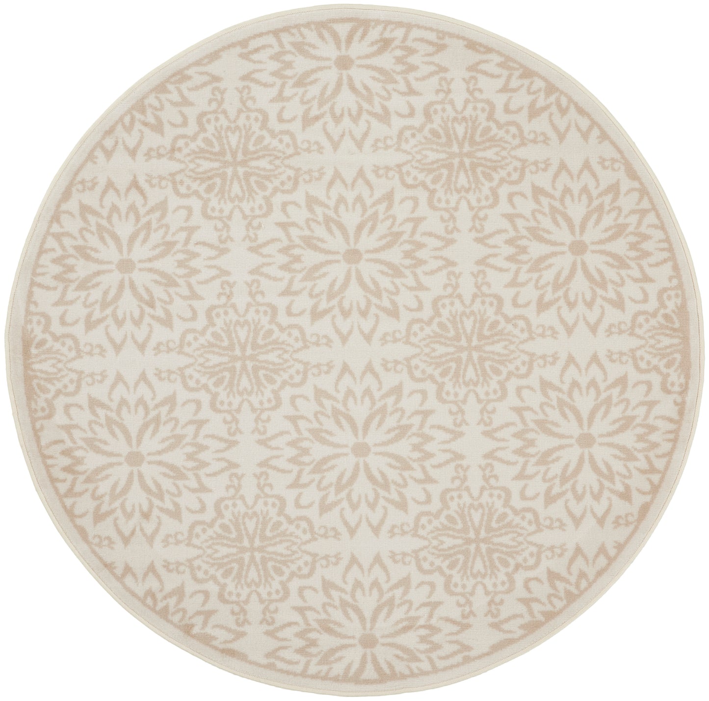 Round beige rug with cream floral medallion pattern; soft woven texture, neutral decor accent.