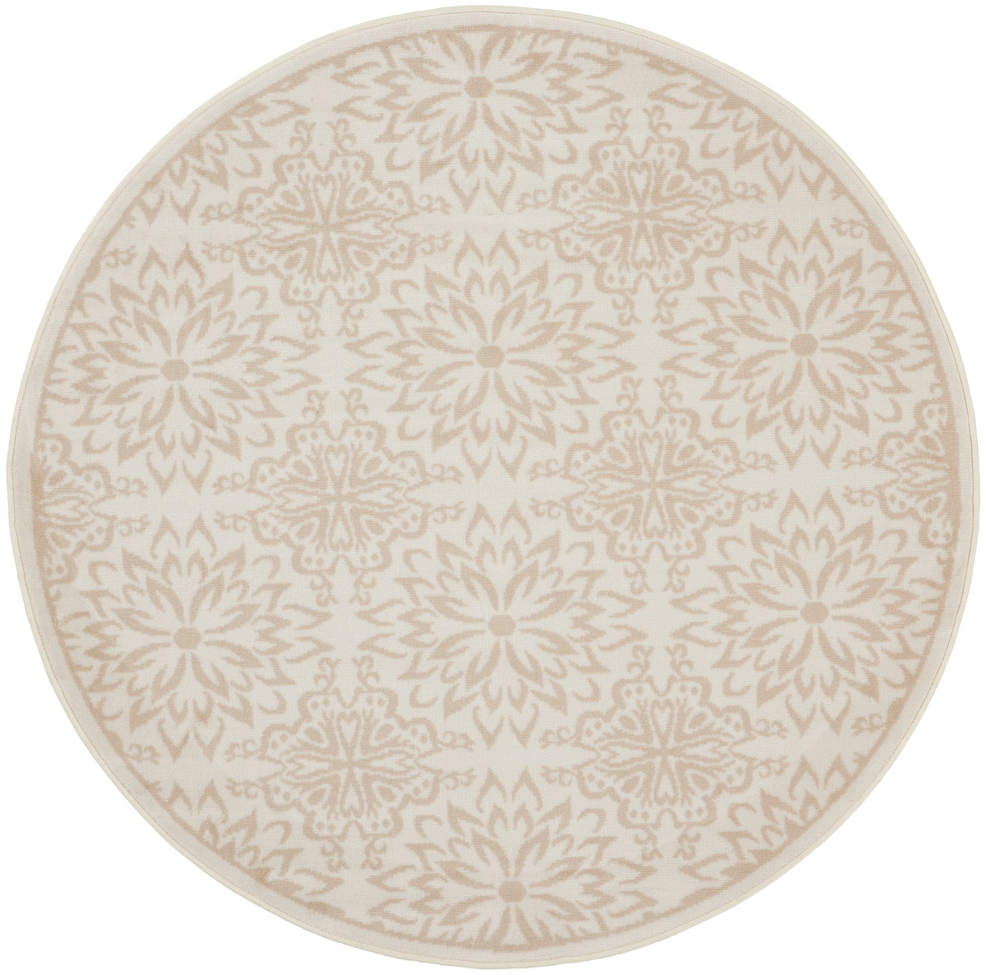Round beige rug with cream floral medallion pattern; soft woven texture, neutral decor accent.