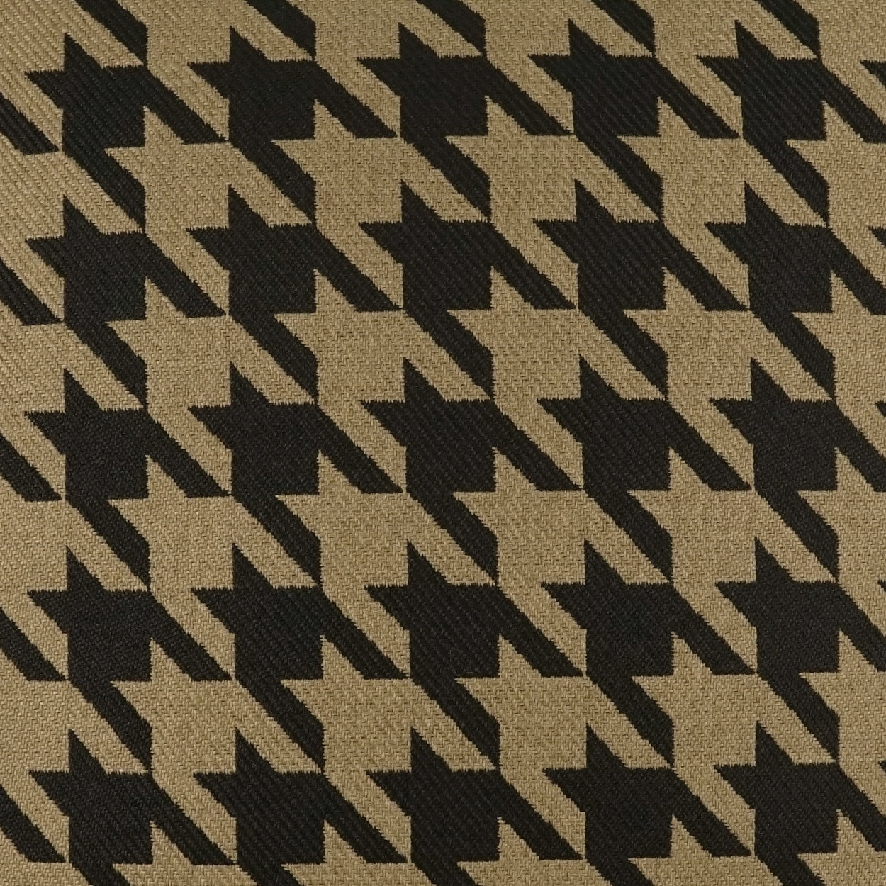 Brown and black houndstooth woven fabric; wool-like texture, ideal for coats or upholstery.