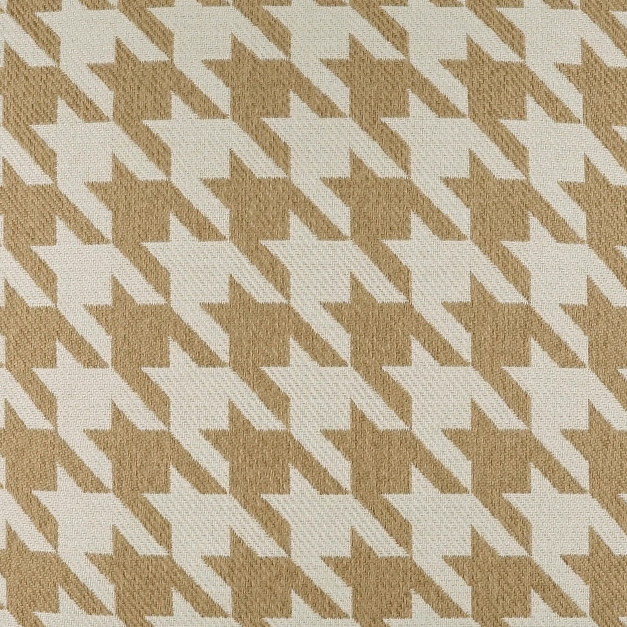 Beige and ivory houndstooth fabric in a woven texture; classic geometric pattern for upholstery or apparel.