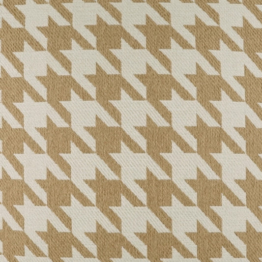 Beige and ivory houndstooth fabric in a woven texture; classic geometric pattern for upholstery or apparel.