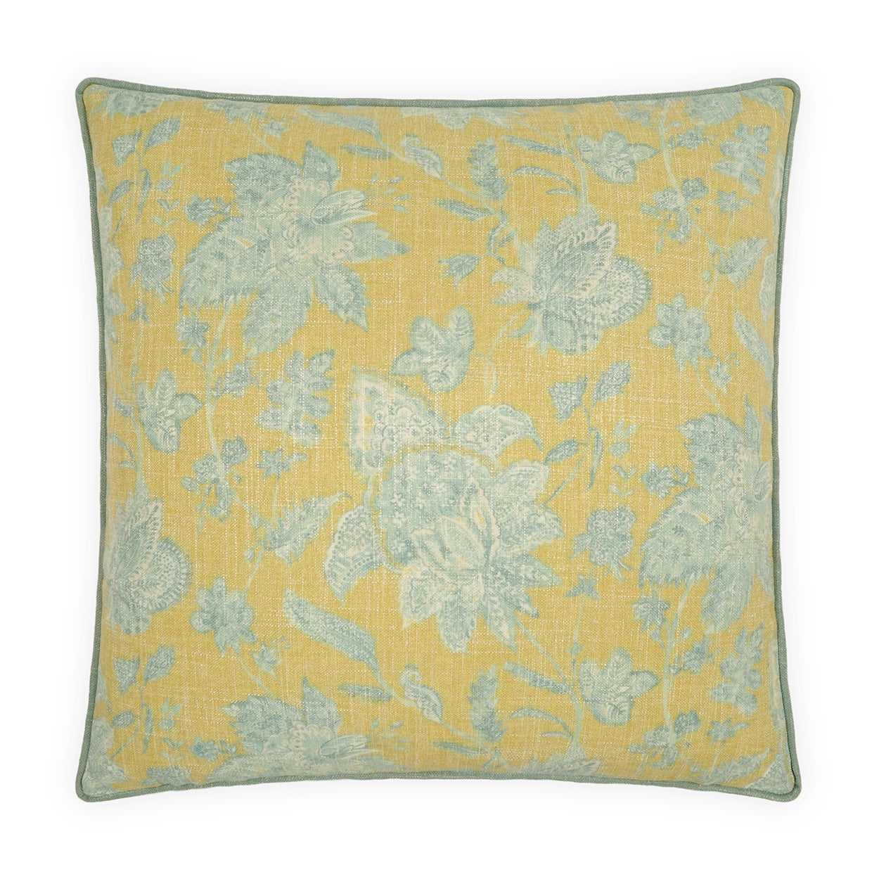 Square decorative pillow with pale blue floral damask on warm yellow fabric and teal edge piping.
