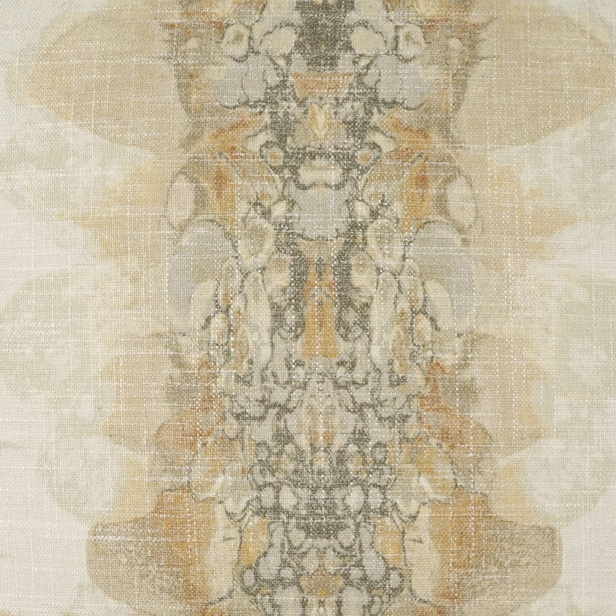 Ornate damask woven fabric in cream, taupe & warm ochre tones; vintage faded pattern.