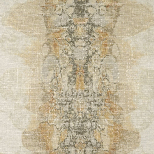 Ornate damask woven fabric in cream, taupe & warm ochre tones; vintage faded pattern.