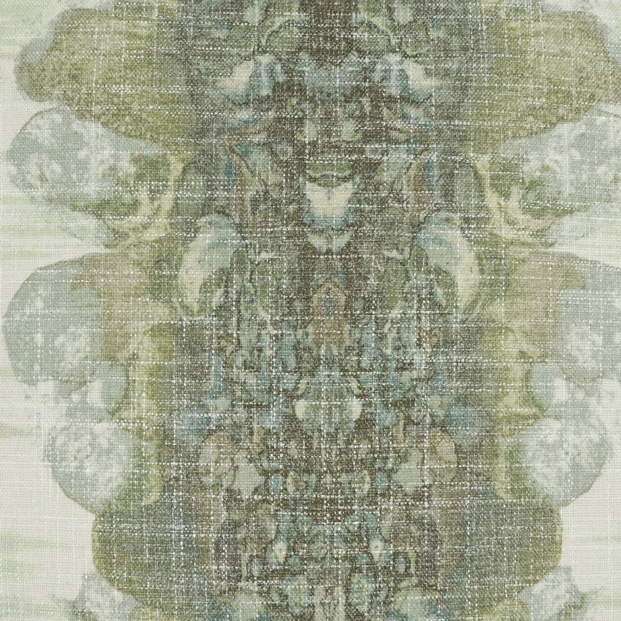 Symmetrical kaleidoscopic fabric pattern in olive green, blue-gray and beige with woven texture.