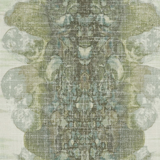 Symmetrical kaleidoscopic fabric pattern in olive green, blue-gray and beige with woven texture.