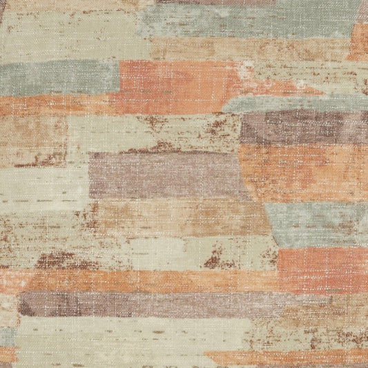 Pastel patchwork rug featuring rectangular blocks in peach, beige, gray, and sage tones with a distressed texture.