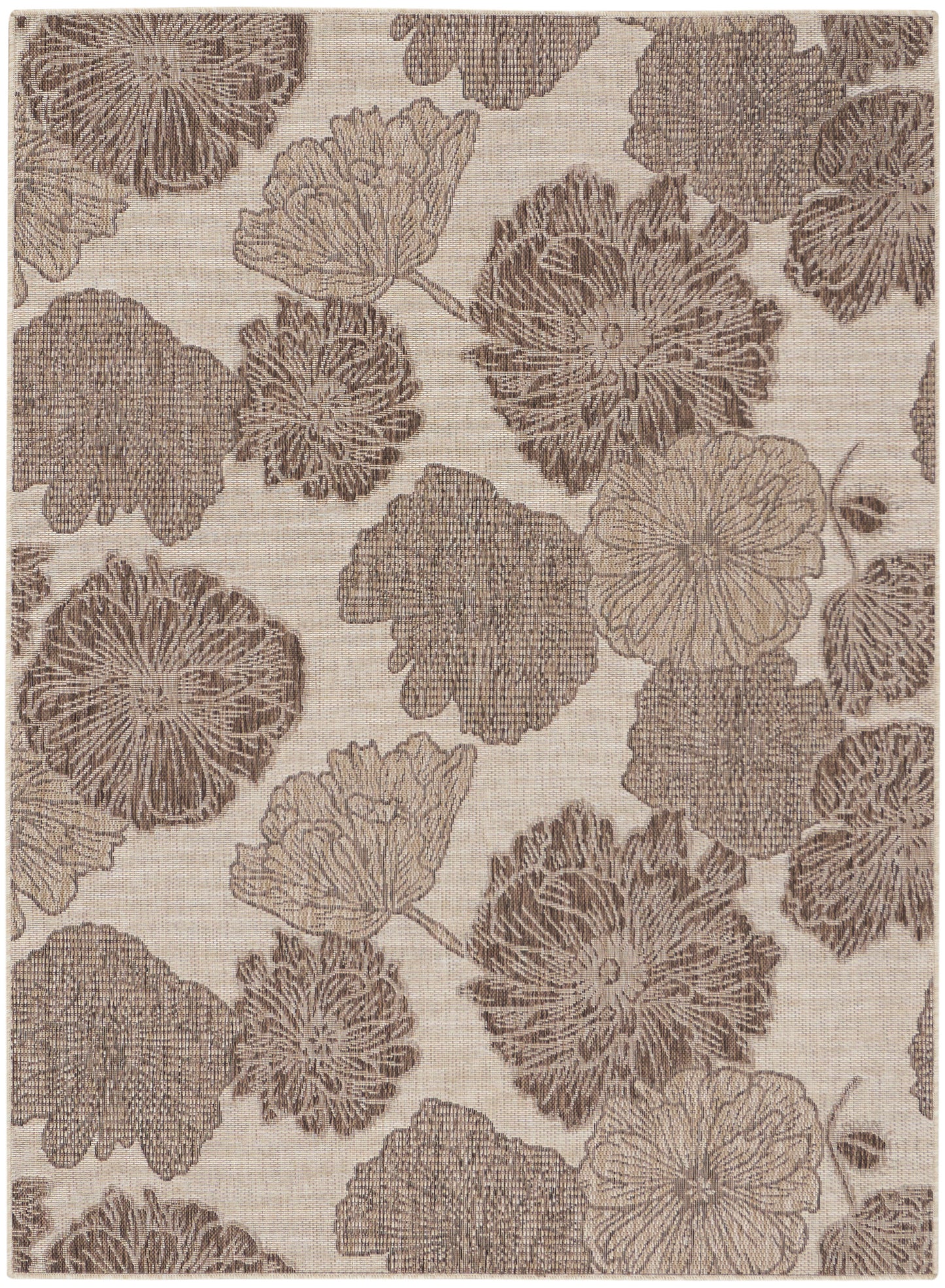 Beige linen-like fabric with taupe floral blossoms; large blossom pattern for upholstery or drapery.