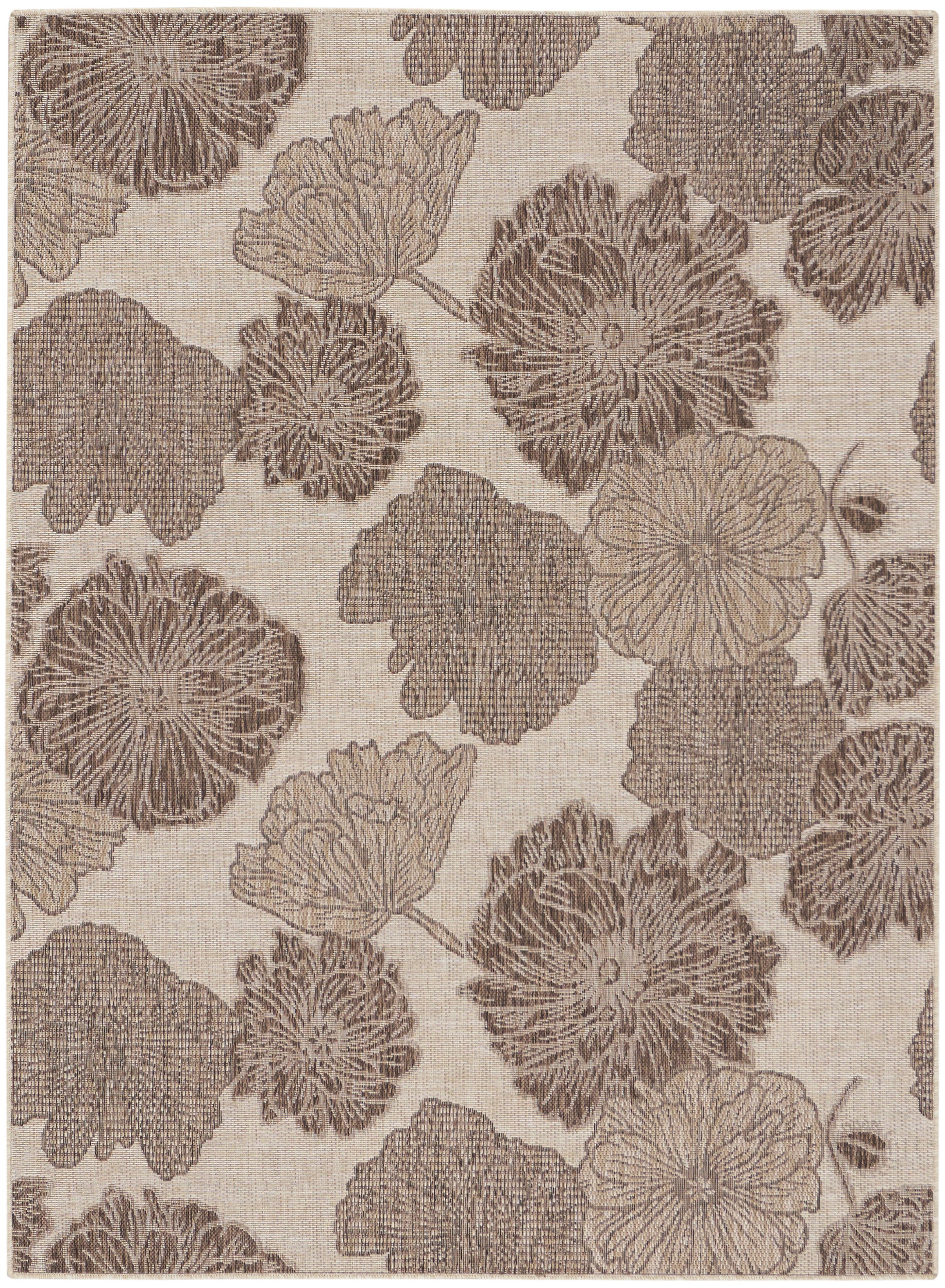 Beige linen-like fabric with taupe floral blossoms; large blossom pattern for upholstery or drapery.