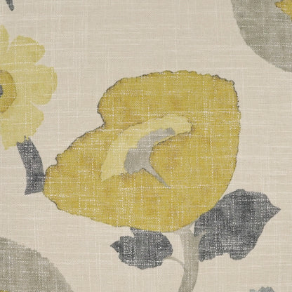 Beige textured pillow with a large yellow poppy and gray-green leaves; floral print.