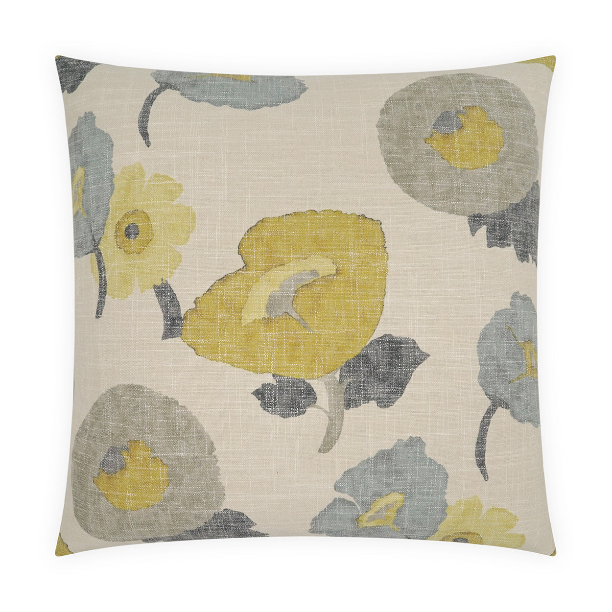 Square decorative pillow with beige linen texture featuring watercolor yellow, gray and blue flowers.