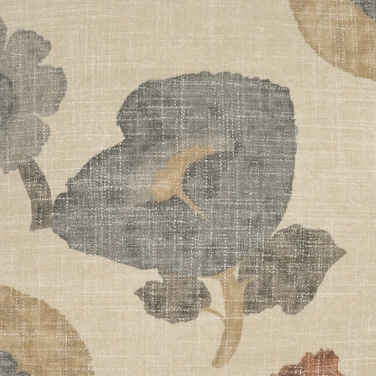 Beige linen fabric with a large gray-blue floral motif and tan stems; subtle woven texture