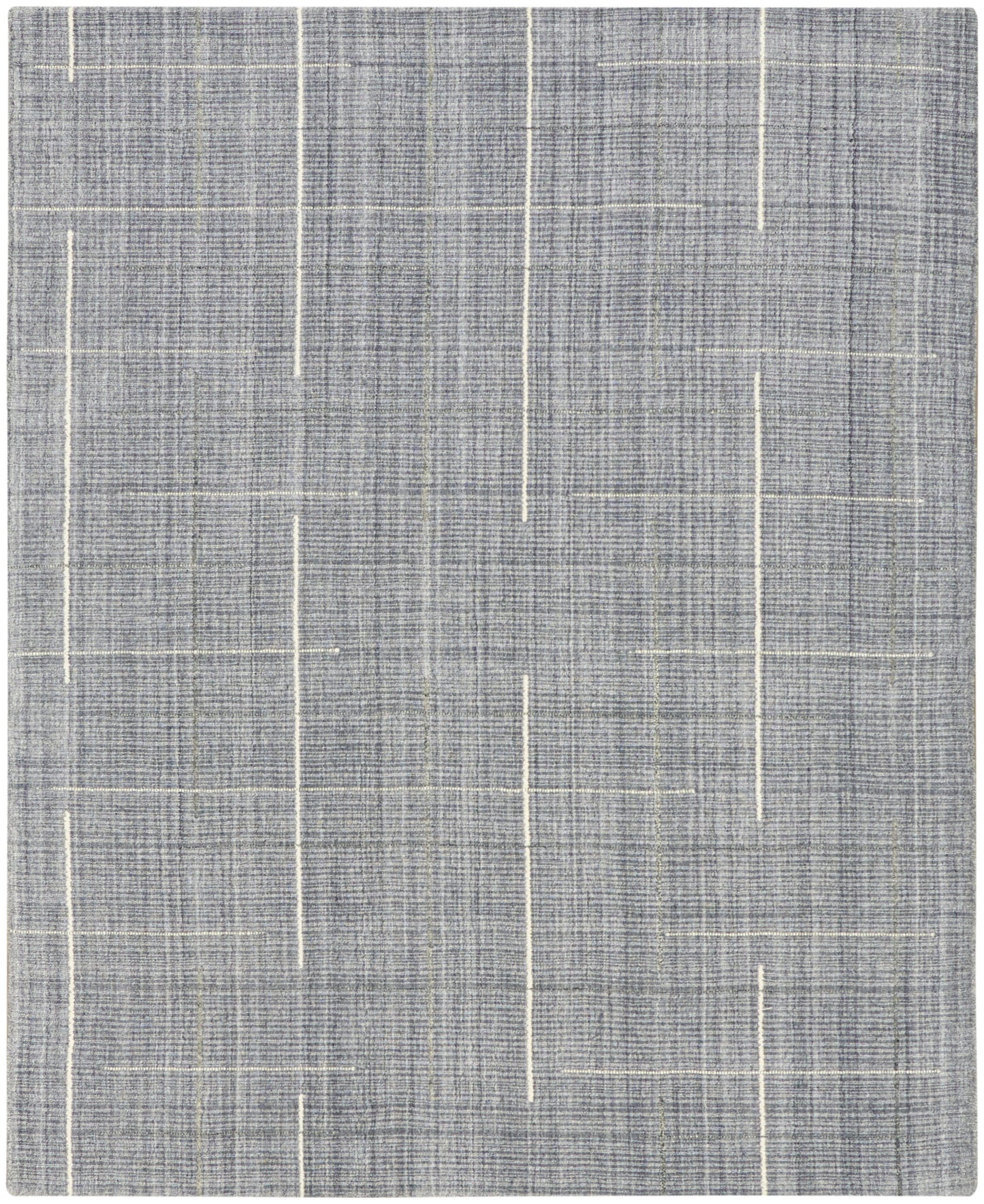 Grey woven rug with subtle white vertical streaks & linen texture; modern geometric style for living spaces.