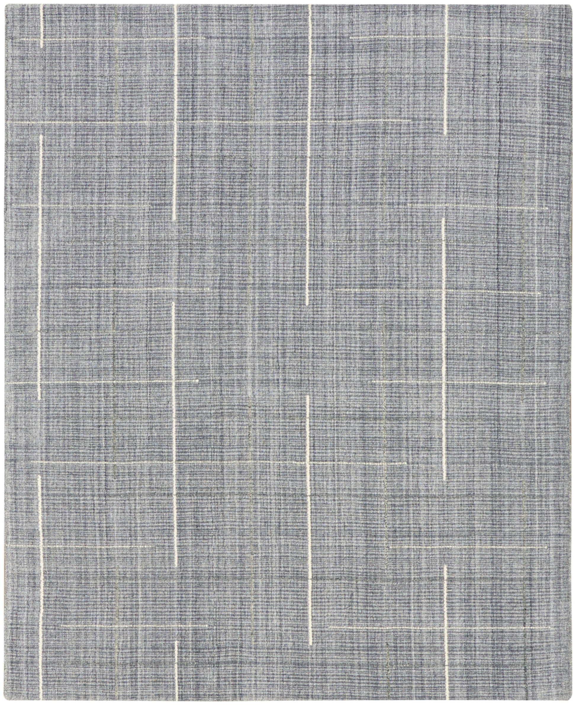 Grey woven rug with subtle white vertical streaks & linen texture; modern geometric style for living spaces.