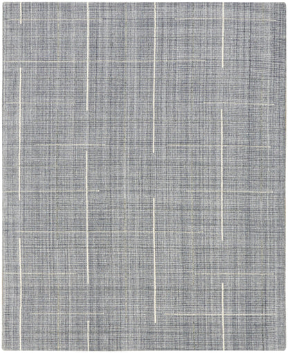 Grey woven rug with subtle white vertical streaks & linen texture; modern geometric style for living spaces.
