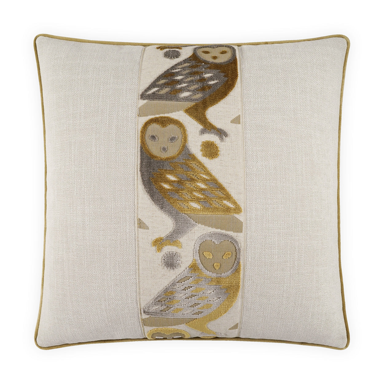 Beige square decorative pillow with a vertical central stripe of owls in brown, gold and gray, with gold piping.