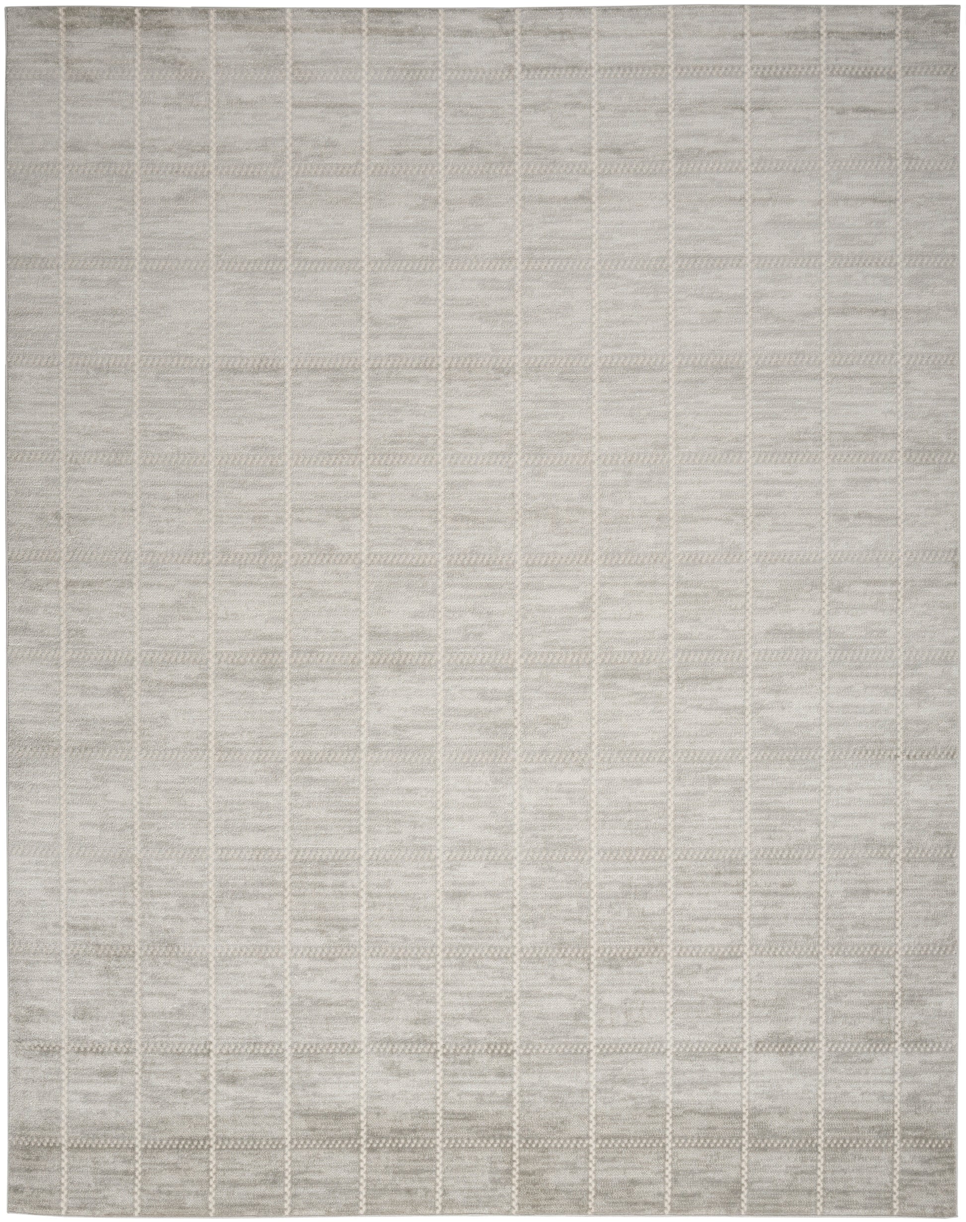 Grey woven area rug with a subtle cream grid pattern; rectangular, modern minimalist style for living spaces.