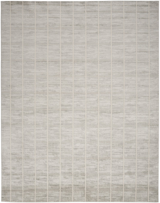 Grey woven area rug with a subtle cream grid pattern; rectangular, modern minimalist style for living spaces.