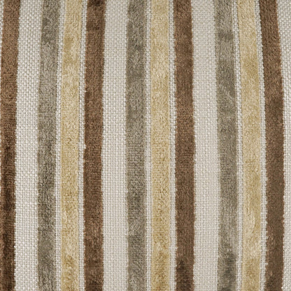 Pillow with mocha striped, textured woven fabric in beige, cream, tan and brown tones, 24" x 24".