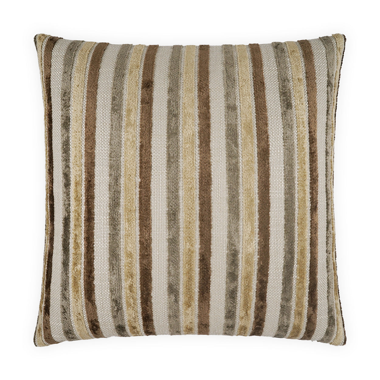 Square decorative pillow with vertical striped plush fabric in beige, taupe, brown and gray; soft textured cushion.