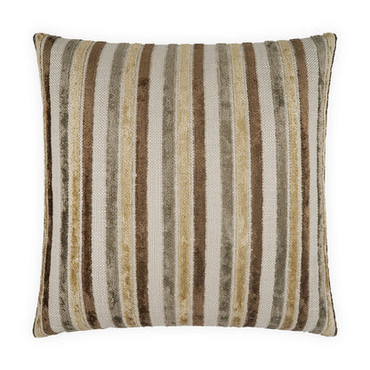 Square decorative pillow with vertical striped plush fabric in beige, taupe, brown and gray; soft textured cushion.