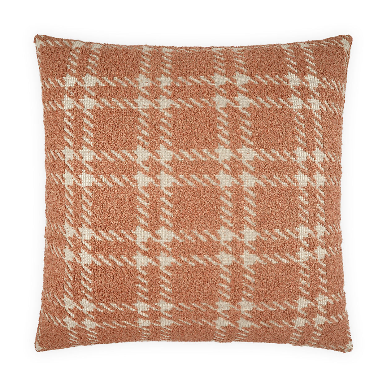 Burnt orange plaid throw pillow with cream checks; soft woven boucle texture, square cushion for sofa decor.