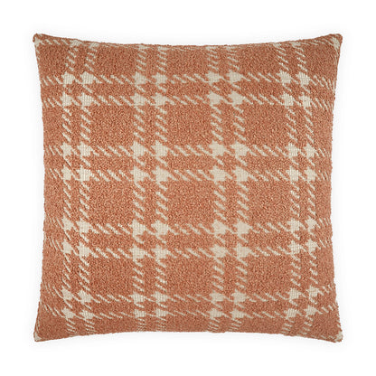 Burnt orange plaid throw pillow with cream checks; soft woven boucle texture, square cushion for sofa decor.