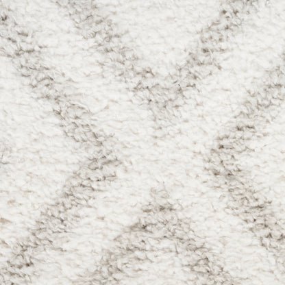 Cream shaggy rug close-up with dense, fluffy pile for cozy decor.