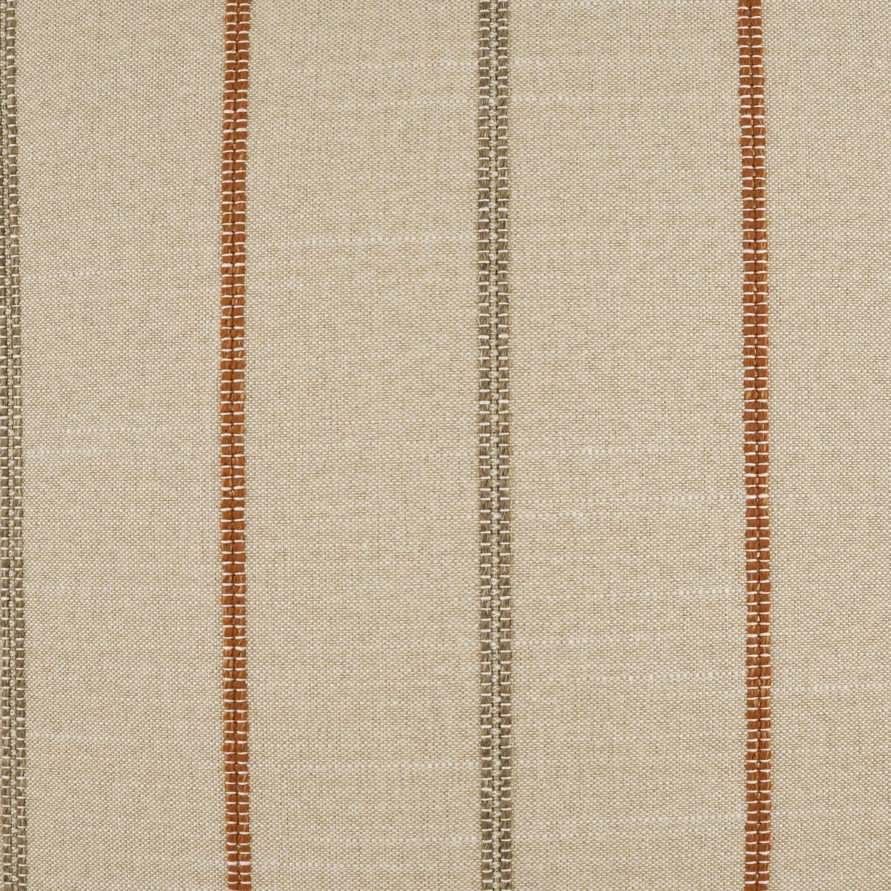 Beige woven fabric with tan background and vertical brown and gray stripes; rustic upholstery textile.