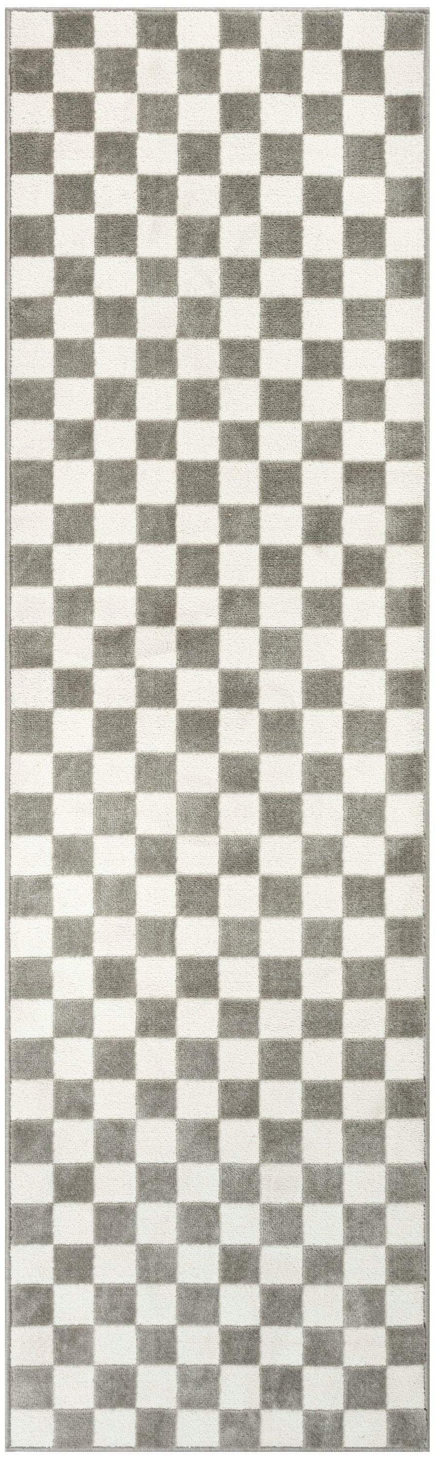 Gray and white checkerboard rug runner with plush pile for stylish floor decor.